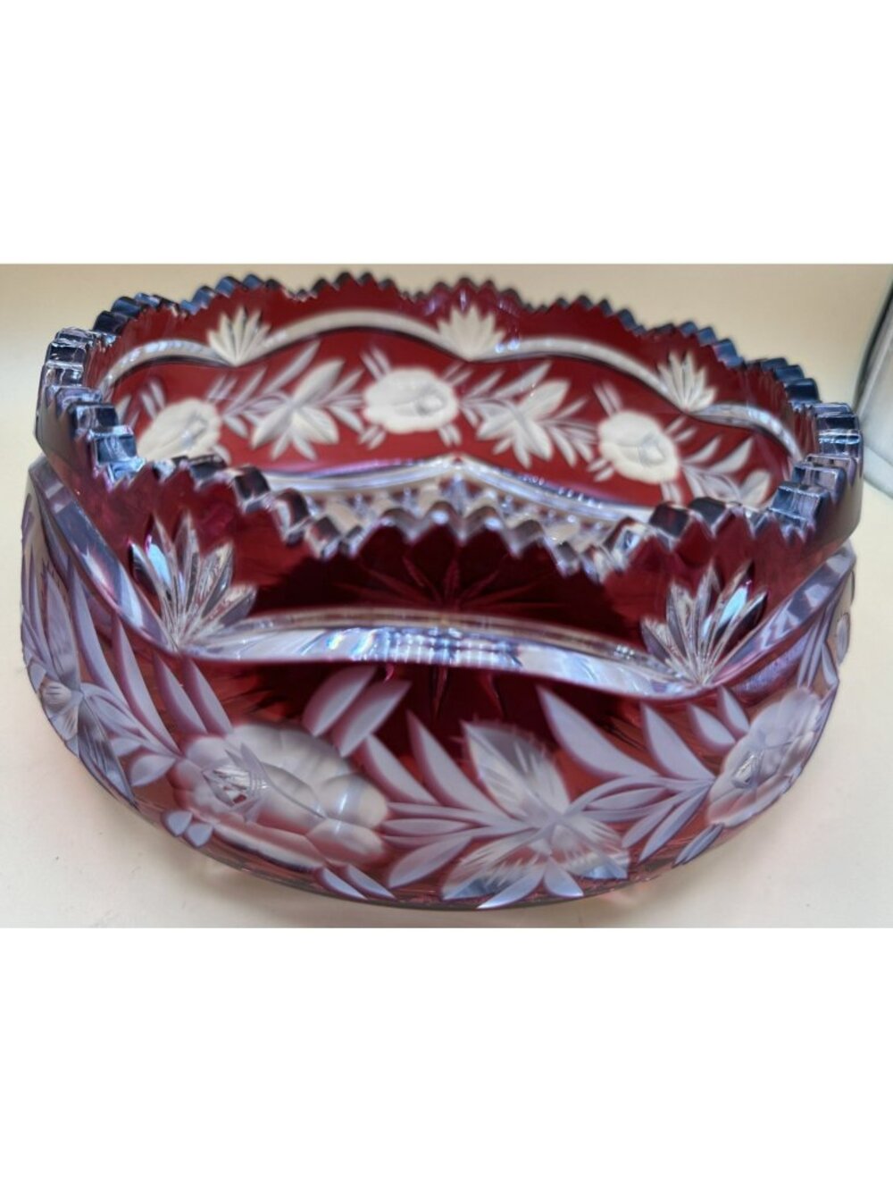 Bohemian Cranberry Ruby  Cut Crystal Roses and Flowers Decorative Bowl Heavy Vtg